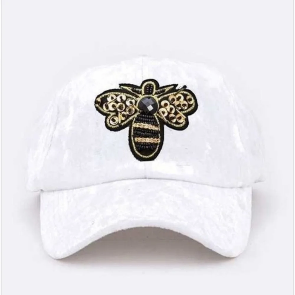 J. Elise Boutique Burgundy Golden Bee Patch Distressed Velour Velvet Fitted Cap